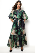 GF1213 STAND COLLAR BUBBLE SLEEVE DRESS (GRN/PNK, GREEN)