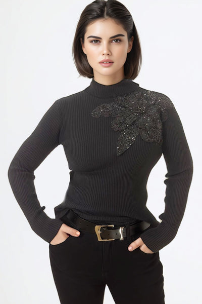 LS65051 FLOWER APPLIQUE SWEATER