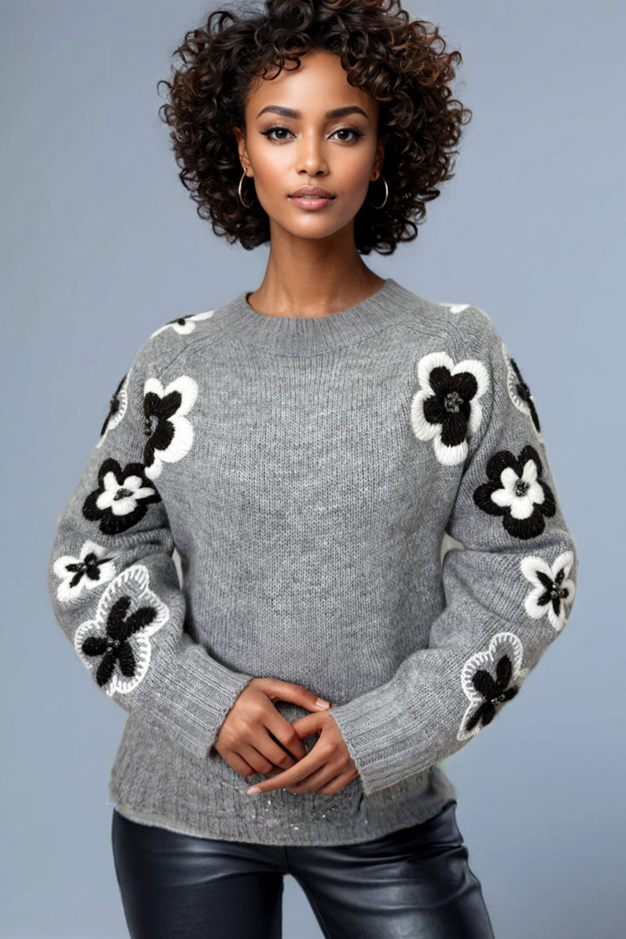 SA7753 EMBROIDERY FLOWER SWEATER