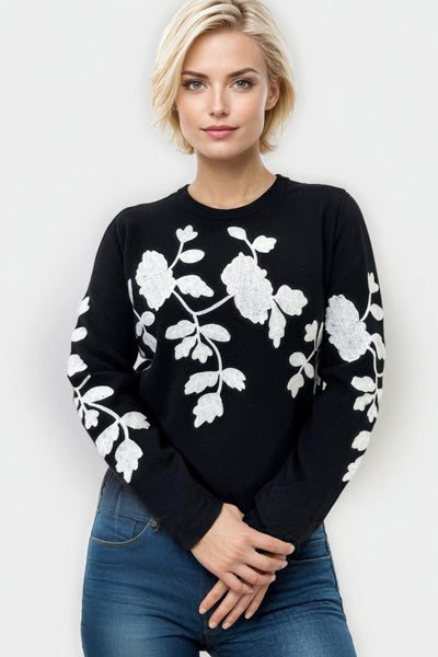 JS0021 EMBROIDERY FLORAL SWEATER (BLK, BEIGE)