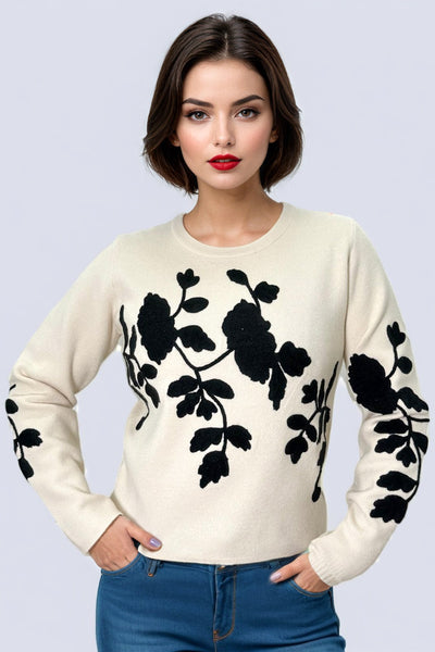JS0021 EMBROIDERY FLORAL SWEATER (BLK, BEIGE)