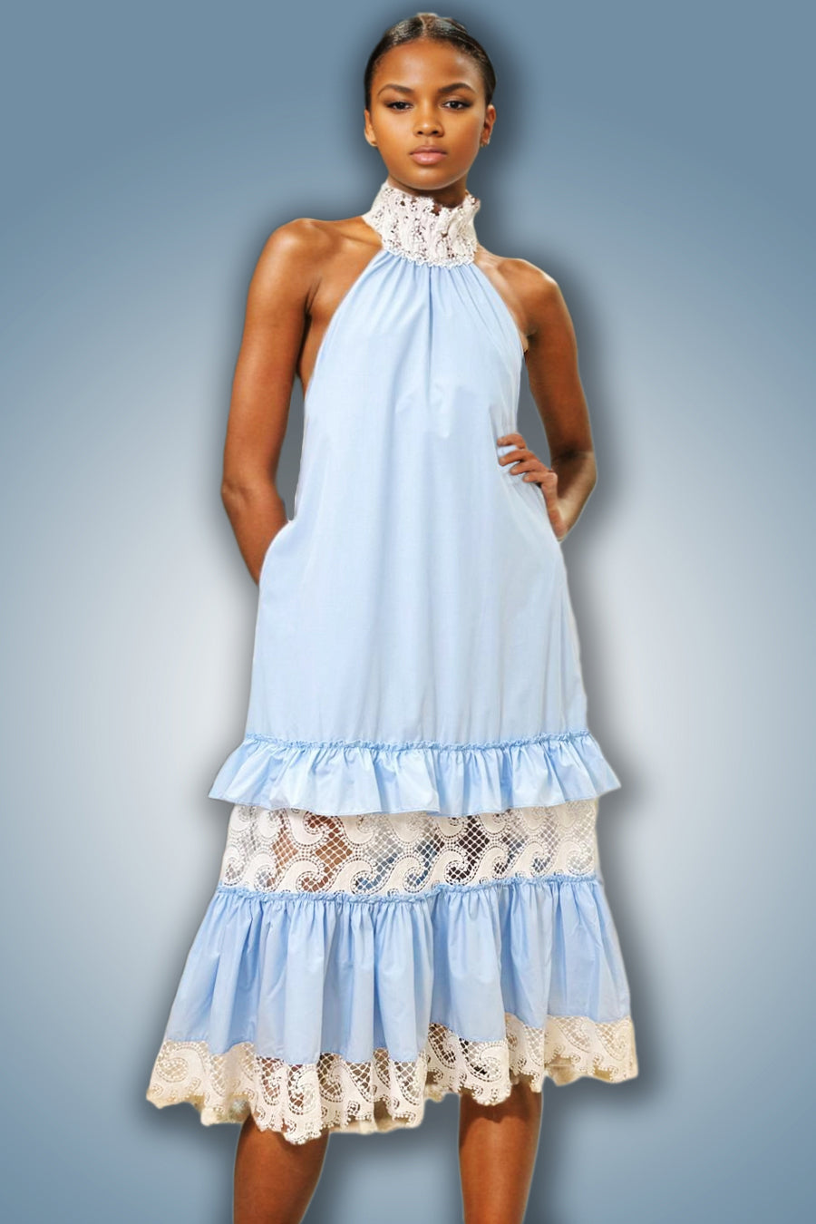 A93153 RUFFLE MAXI DRESS (BLUE, WHT) N by Nancy A93153 RUFFLE MAXI DRESS (BLUE, WHT) N by Nancy